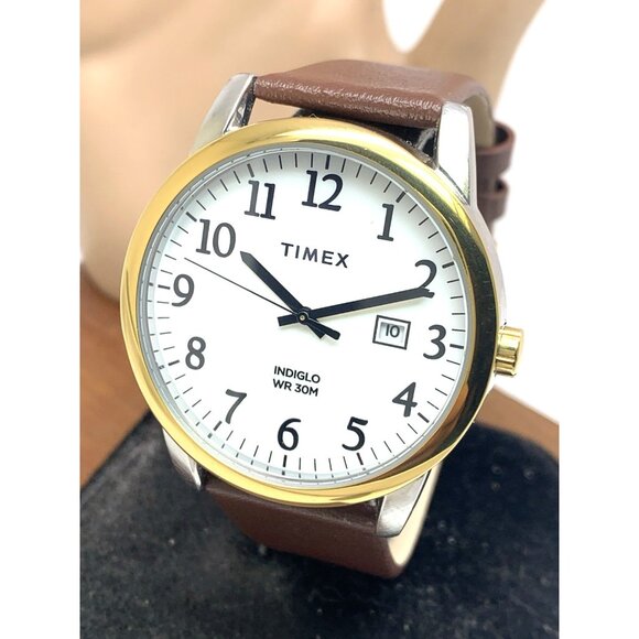 Timex Men's Watch TW2W52100 Quartz Indiglo White Dial Date Brown Leather 40mm - Picture 1 of 14